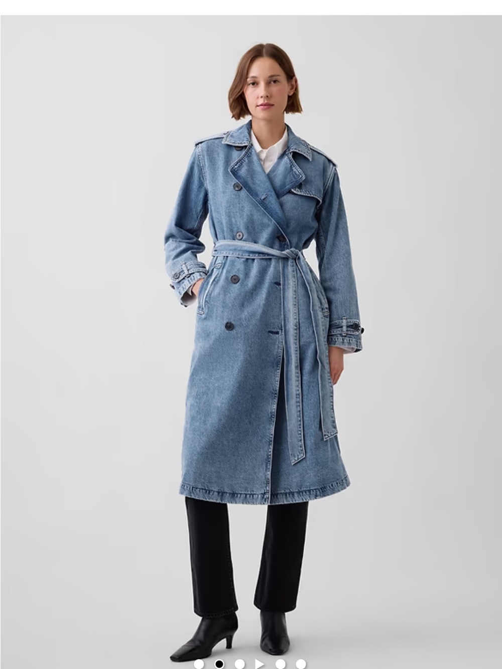 GAP Light Blue Denim Trench Coat - Double-Breasted Belted